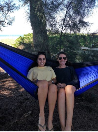 Bea and Meghan enjoying an Eno at the beach-- a hammock is the perfect place to relax